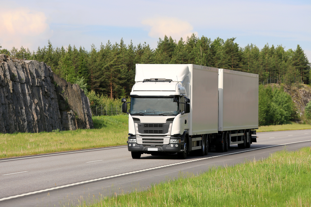 Landscape of motorway with big white cargo truck transporting goods at speed on a beautiful day of summer.