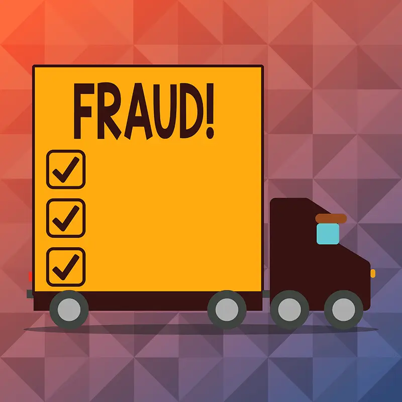box truck with fraud written on cargo side